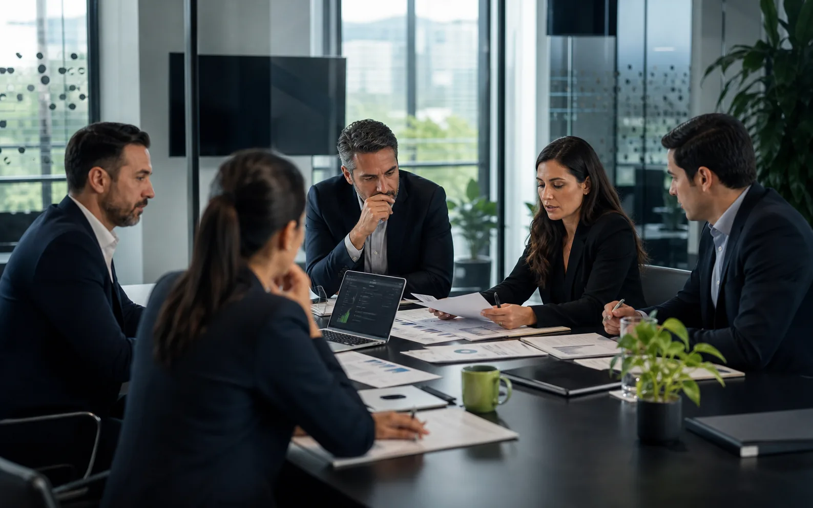 Consejo ejecutivo empresarial revisando estrategia y resultados