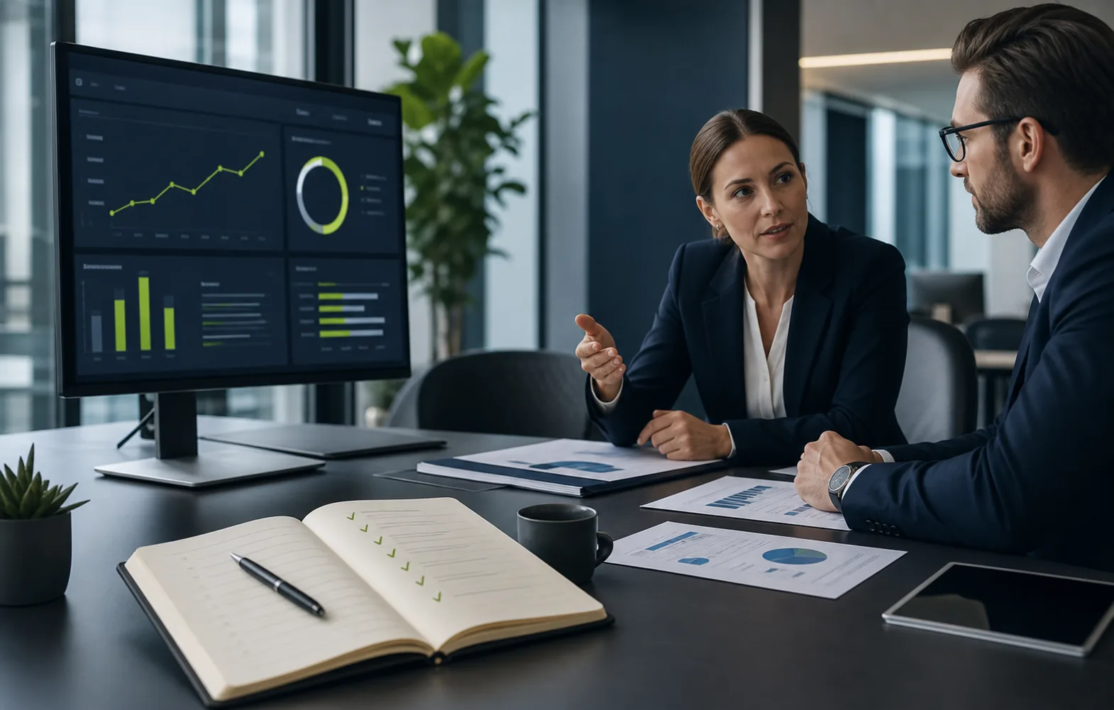 Ejecutivos revisando indicadores, acciones y seguimiento empresarial